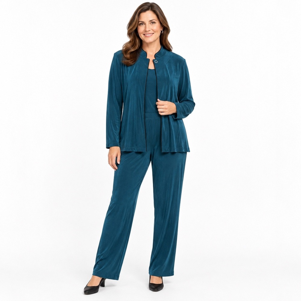 Chico's Travelers 2 Piece Pant Set Teal Jacket Size 1 Pants Size 2 Stretch